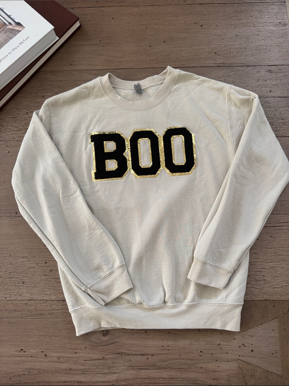 Gildan Cream Crewneck Sweatshirt with Black 'BOO' and Gold Trim